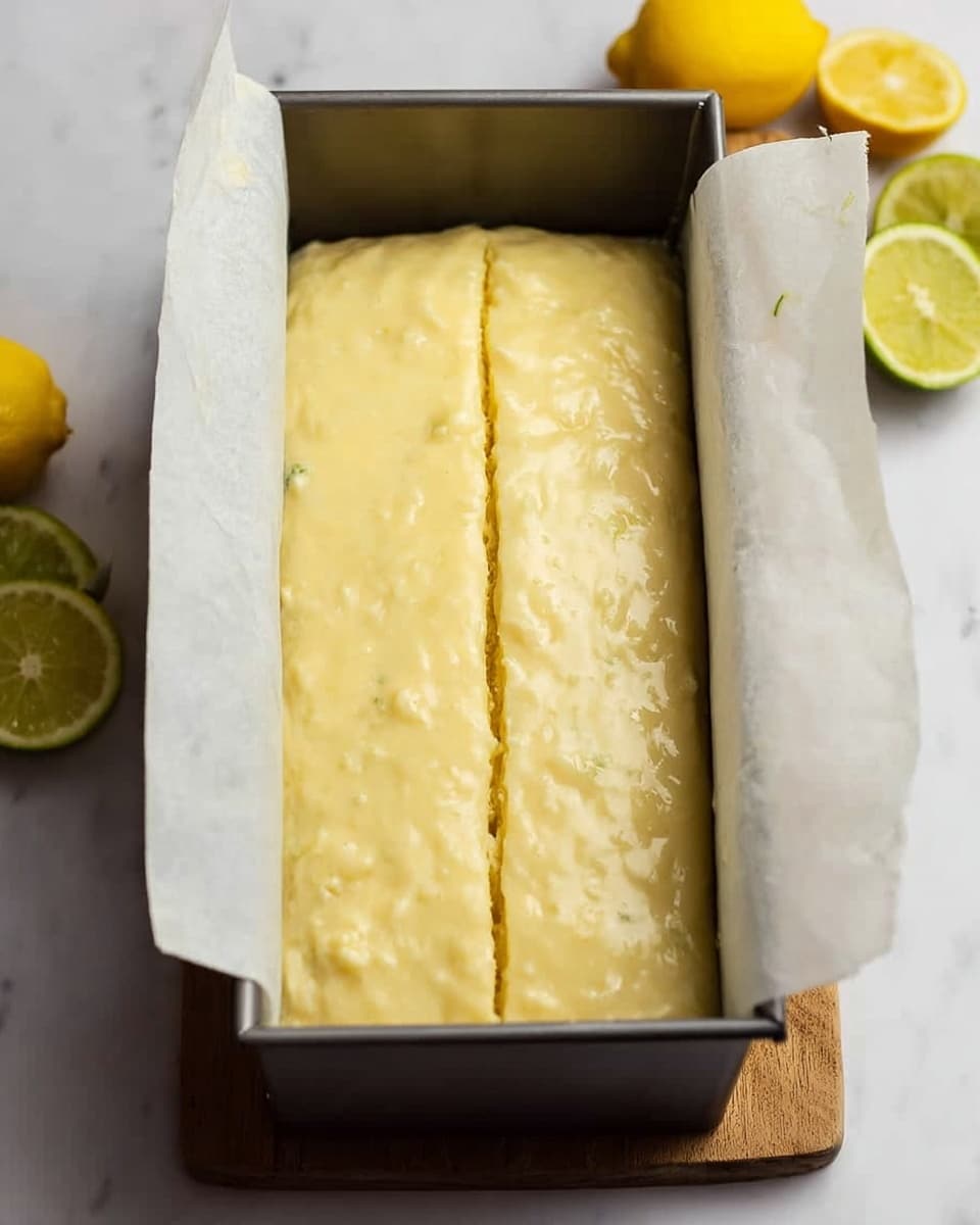 The image shows a rectangular metal baking pan lined with white parchment paper, filled with a pale yellow batter. In the center, a long strip of slightly lighter dough runs down the length of the pan, dividing the batter into two even sections. The batter looks smooth with a few small lumps, hinting at its soft texture. Around the pan, fresh halved lemons add a bright yellow touch, all placed on a white marbled surface. The lighting highlights the batter's creamy appearance and the metal pan's matte finish. Photo taken with an iphone --ar 4:5 --v 7