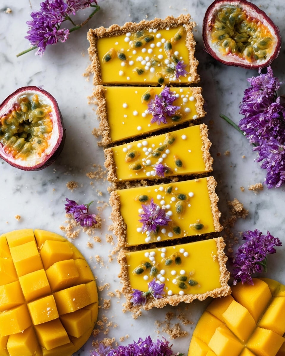 A rectangular tart is sliced into five even pieces, each with a light brown crumbly crust on the edges and a smooth, bright yellow filling topped with scattered passion fruit seeds and a few small white spherical sprinkles. The tart is set on a white marbled surface surrounded by pieces of purple flowers, a half-cut passion fruit with visible pulp, a carved mango with a grid pattern showing vibrant yellow cubes, and a bunch of yellow mango slices. The scene is colorful with a mix of yellow, purple, and brown hues, creating a fresh and natural look. Photo taken with an iphone --ar 4:5 --v 7