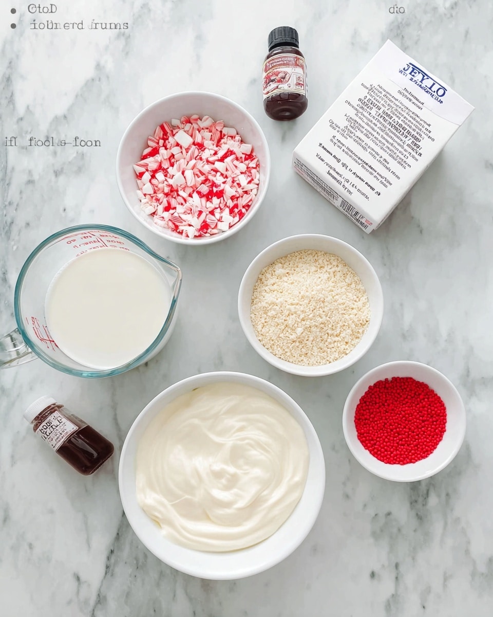 The image shows a white marbled surface with several ingredients neatly arranged for a recipe. There is a large glass measuring cup with some white liquid, a small white bowl filled with crushed red and white peppermint pieces, and a white bowl filled with fine light beige crushed vanilla Oreo cookies. A white box of Jell-O vanilla pudding mix sits nearby, along with a small white bowl holding bright red round sprinkles. There is also a small white bowl containing a dark brown bottle of vanilla extract. Finally, a large white bowl holds a smooth, creamy white Cool Whip. All items are spaced evenly creating a clean and organized look. Photo taken with an iphone --ar 4:5 --v 7