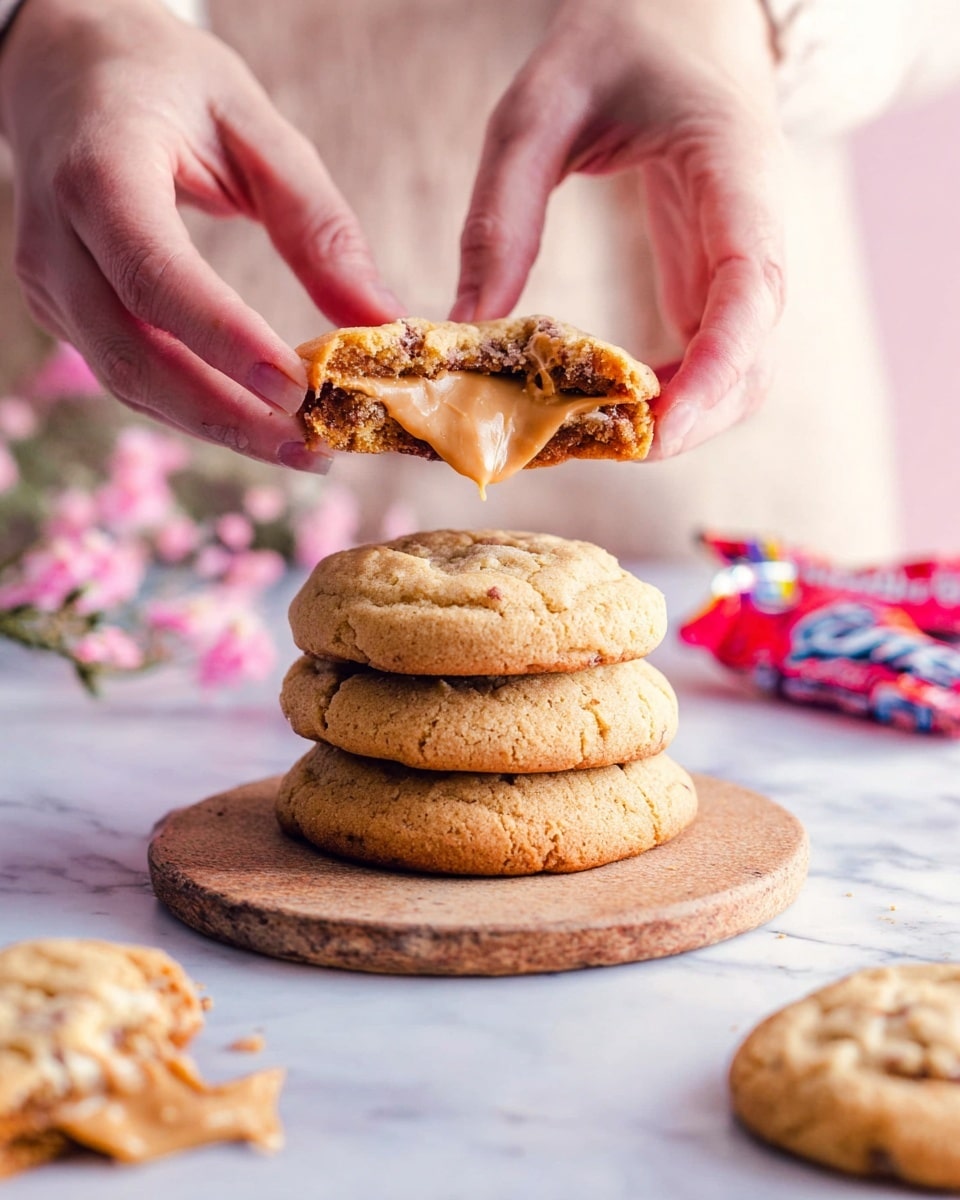 The image shows three large golden brown cookies with slightly cracked tops, placed on a long, dark wooden board with rich grain texture. One cookie is broken open, spilling creamy light brown filling onto the board. Around the board, there are several Kinder Bueno chocolate bars in red and white wrappers scattered on a white marbled surface. In the top right corner, a clear glass jar contains more of the light brown creamy filling, with a silver spoon inside. The overall scene is bright and clean with a soft pastel background. photo taken with an iphone --ar 4:5 --v 7