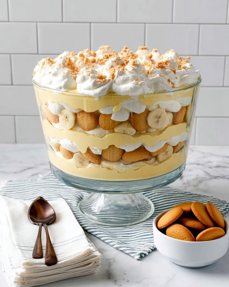 A clear glass trifle bowl shows a dessert with four thick, even layers of creamy pale yellow custard or pudding, alternating with three layers of light brown soft cookies or biscuits partially soaked, visible through the glass. The top layer is a smooth and thick spread of the creamy pale yellow custard, slightly rippled. The bowl sits on a white marbled surface with a white tiled wall background. photo taken with an iphone --ar 4:5 --v 7