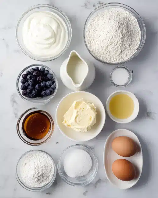 The image shows thirteen small clear glass or white containers arranged neatly on a white marbled surface. There are two smooth brown eggs in a small white oval dish near the bottom right. Around the eggs, starting from the top left and moving clockwise, there are: a clear bowl with white yogurt, a larger clear bowl filled with white flour, a small white creamer with white milk, a white bowl of thick white mascarpone, a small clear bowl of white powdered sugar, a small clear bowl with a handful of dark blueberries, a small white bowl with light yellow honey, a clear bowl with clear chamomile syrup, a very small white dish with white baking soda, a small white bowl with sugar, a clear bowl with oil, and a small white dish with salt. The containers are arranged symmetrically with clean and smooth textures. The lighting is soft and even. Photo taken with an iphone --ar 4:5 --v 7