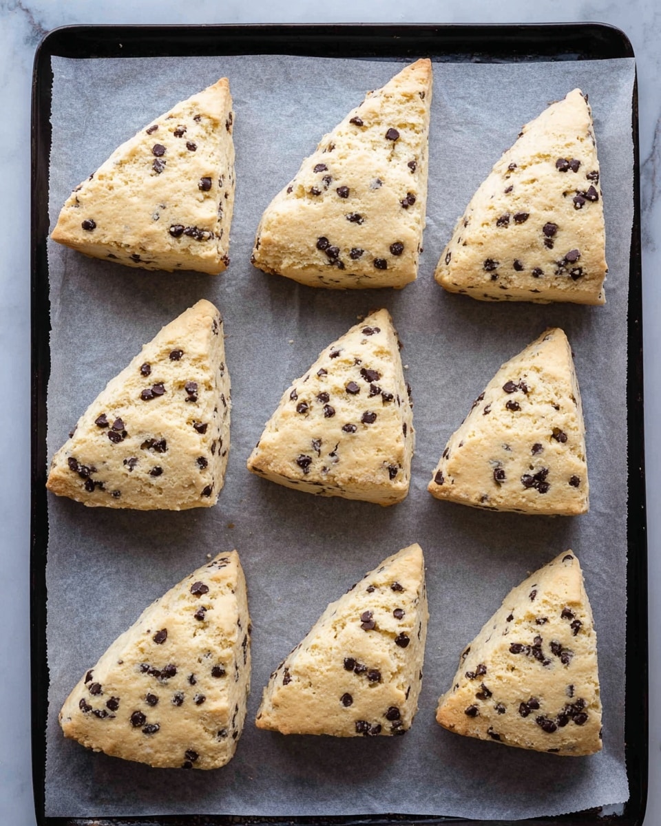 Nine triangle-shaped scones arranged in three rows on a baking tray lined with parchment paper, each scone is light beige with small dark chocolate chips spread evenly throughout, showing a slightly rough texture, the scones are thick and have clean edges with some small cracks, the background is a white marbled texture photo taken with an iphone --ar 4:5 --v 7