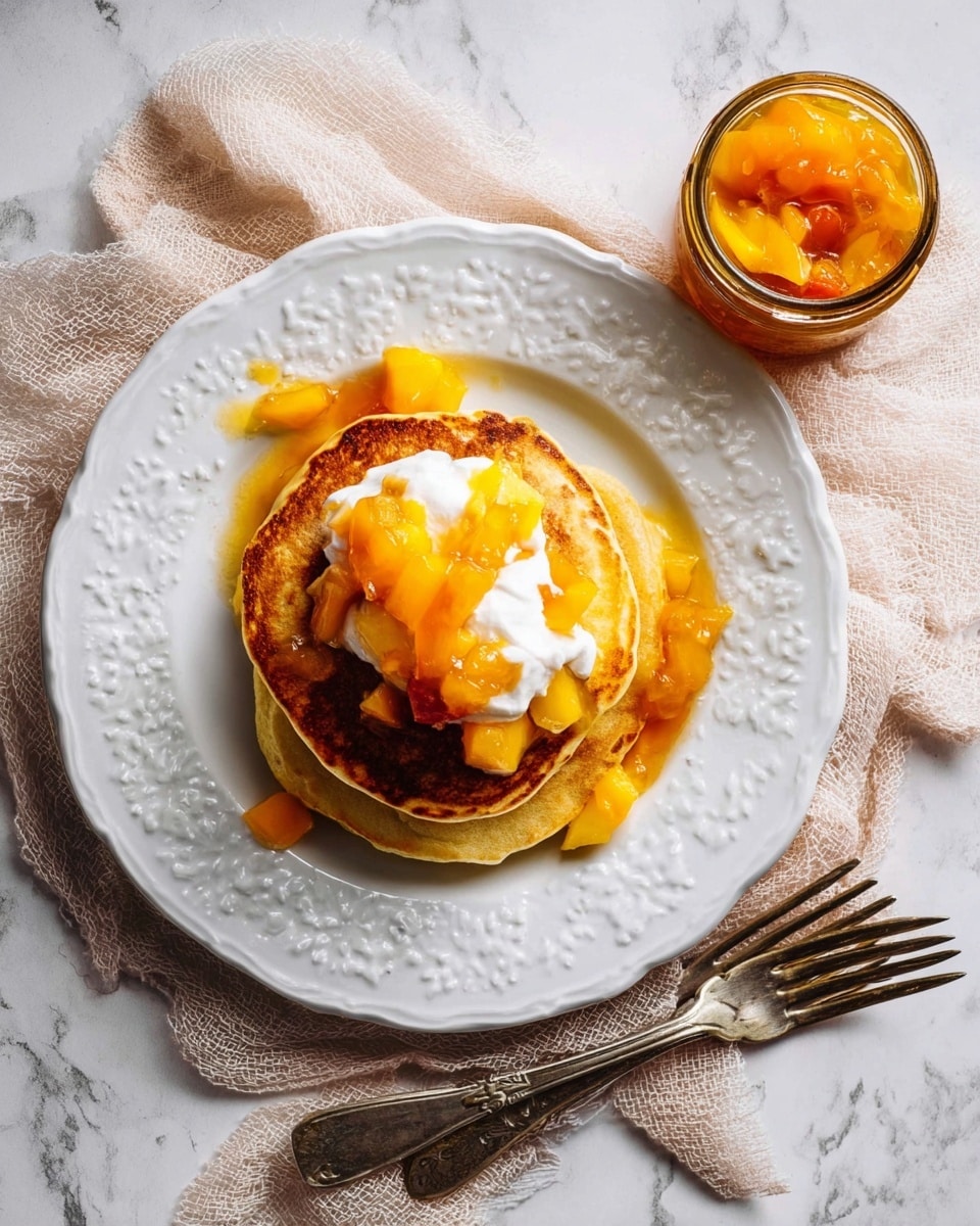 A white decorative plate holds two golden-brown pancakes stacked one on top of the other, topped with a dollop of white cream and bright yellow-orange fruit pieces in syrup that slightly spill onto the plate. The plate is set on a textured beige cloth on a white marbled surface. Below the plate are two vintage silver forks crossed beside each other and a small glass jar filled with more yellow-orange fruit in syrup. The scene is well lit, showing texture on the pancakes and the glossy shine of the fruit topping. photo taken with an iphone --ar 4:5 --v 7