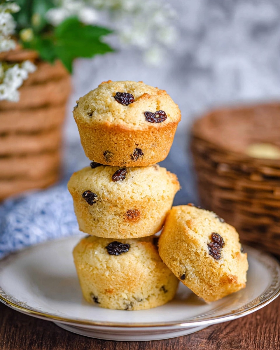 Three light golden muffins with dark raisins inside are stacked one on top of the other on a white plate with a thin gold rim, sitting on a wooden table. Another muffin lies beside the stack on the plate. In the background, there is a blurred wicker basket with a blue and white cloth, and some white flowers with green leaves. The surface behind has a white marbled texture. The image is bright and sharp, showing the soft, slightly crumbly texture of the muffins with some darker spots from the raisins. Photo taken with an iphone --ar 4:5 --v 7