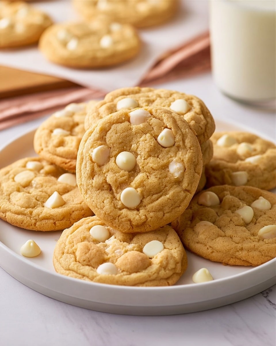 A white plate on a white marbled surface holds a stack of approximately seven golden brown cookies with white chocolate chips and walnut pieces visible on top and inside. Around the base of the stack, several more cookies lay flat, showing a slightly cracked texture and a soft look. In front of the plate, two cookies are partially eaten, with crumbs and white chocolate chips scattered nearby. To the right and slightly behind the plate, there is a clear glass filled with milk. The overall setting is warm and cozy. Photo taken with an iphone --ar 4:5 --v 7