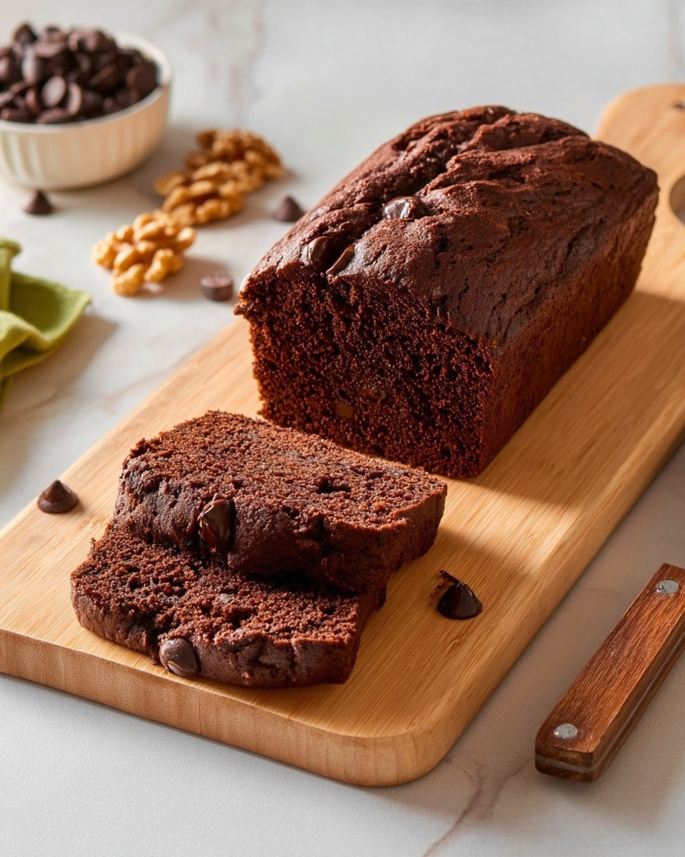 A chocolate loaf cake with a rough, cracked top and visible chocolate chips mixed inside. It sits on a light wooden cutting board with three slices cut from the front and laid flat in front of the loaf. The texture of the cake looks soft and moist. Next to the cutting board are some walnut halves scattered on a white marbled surface, along with a few dark chocolate chips and a small white bowl partially in view filled with more chips. A knife with a wooden handle lies next to the board. photo taken with an iphone --ar 4:5 --v 7