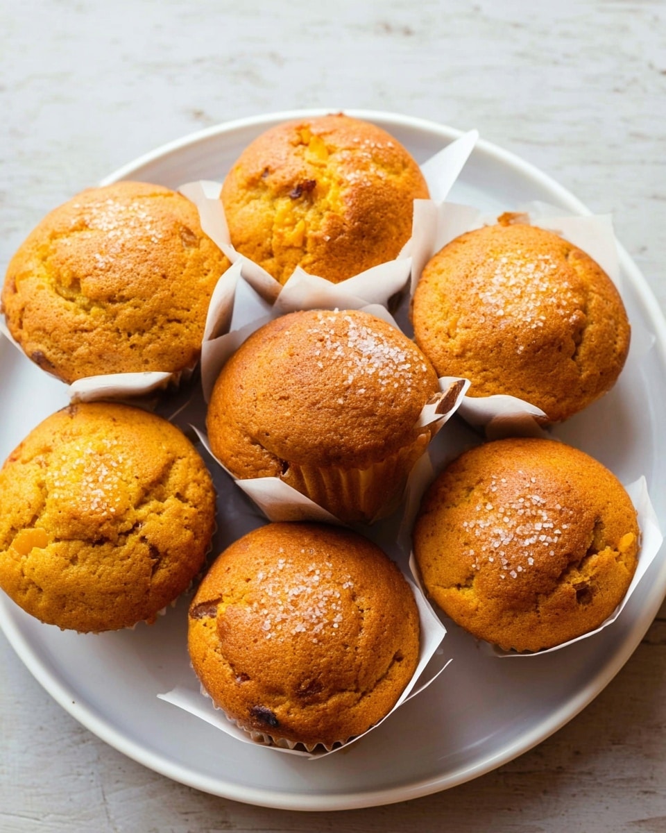 A white round plate holds seven golden brown muffins. Five muffins are directly on the plate showing a slightly rough and cracked top textured with small sugar grains sprinkled lightly. Two muffins are placed near the top center and bottom right of the plate in white paper wrappers with pointed edges standing above the muffins. The muffins have a warm orange color with some darker spots and small nut pieces visible inside. The plate is set on a white marbled textured surface. photo taken with an iphone --ar 4:5 --v 7