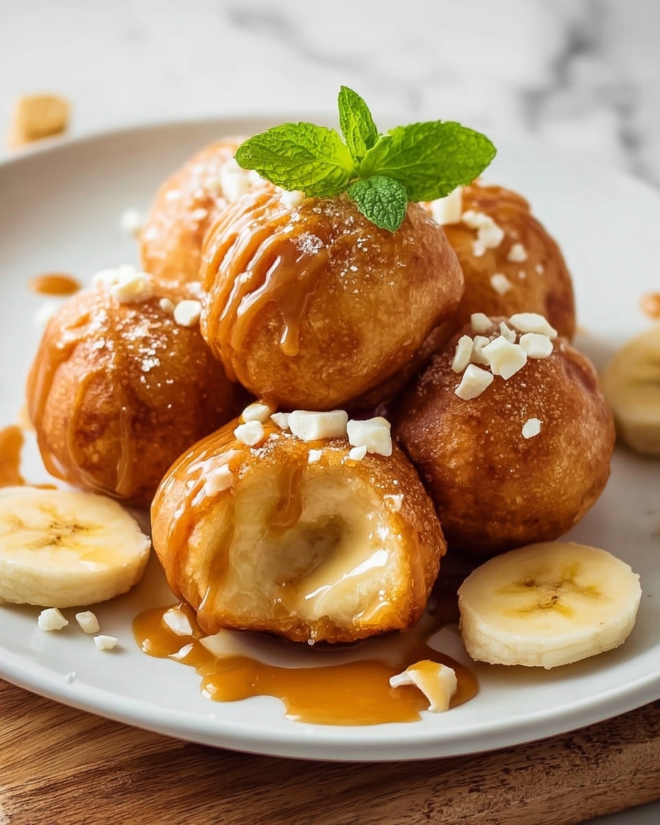 A white plate holds six golden brown fried dough balls, each topped with small white crunch pieces. One dough ball in the front is broken open to show a whole banana slice inside. Caramel sauce is drizzled over the dough balls and pools on the plate below. On top of one dough ball are two banana slices and a small green mint leaf. A few banana slices and crumbs are scattered around the plate. The background is a white marbled texture. photo taken with an iphone --ar 4:5 --v 7