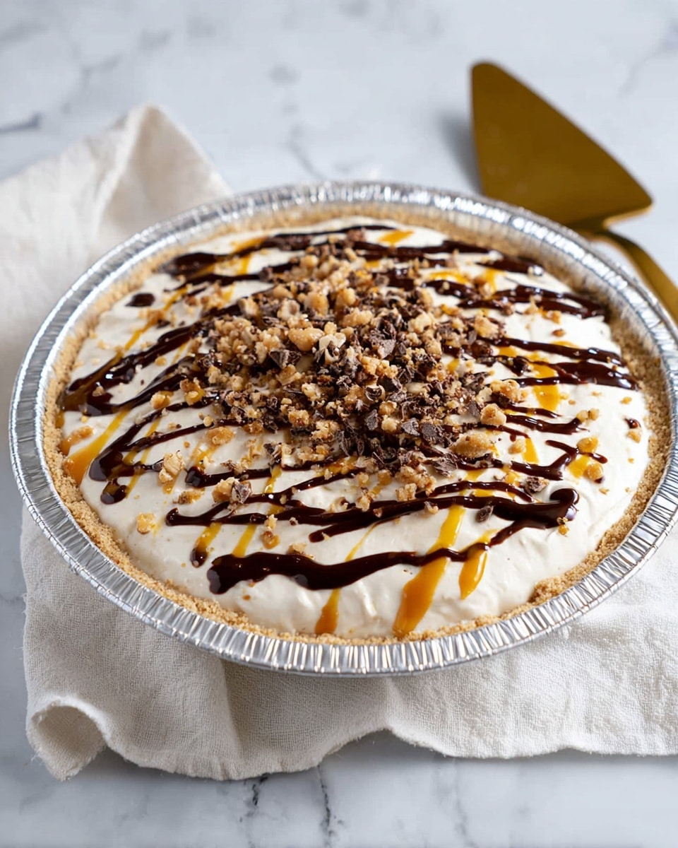 A round dessert in a silver foil pie pan has three visible layers: the bottom crust is light brown and crumbly, the middle layer is creamy white filling, and the top layer is thick white cream. The top is decorated with dark brown chocolate drizzle and golden caramel drizzle arranged in uneven stripes radiating outwards. There is a dense pile of crushed chocolate and nut pieces in the center, spreading lightly to the edges. The pie is set on a white marbled surface, next to a white cloth and a golden spatula. Photo taken with an iphone --ar 4:5 --v 7