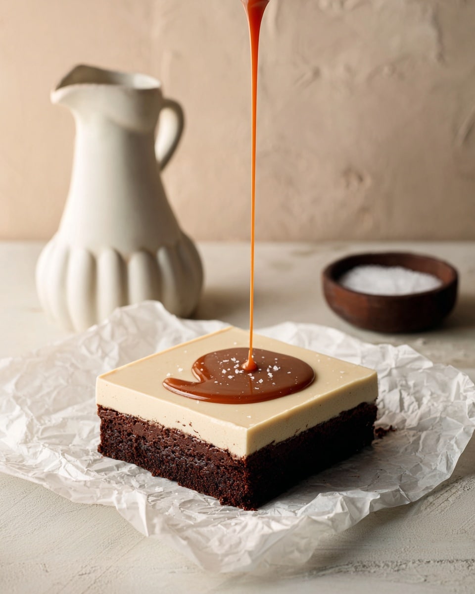 A two-layer square dessert sits on crumpled white paper over a white marbled surface; the bottom layer is a dense, dark brown chocolate cake, and the top layer is a smooth, thick light beige cream. A thin stream of shiny caramel sauce is being poured onto the center of the cream layer, forming a pooled circle with a dripping line above. In the background, a tall off-white jug rests on a white scalloped plate, next to a small dark brown bowl filled with white salt, all set against a soft, neutral-toned wall. photo taken with an iphone --ar 4:5 --v 7