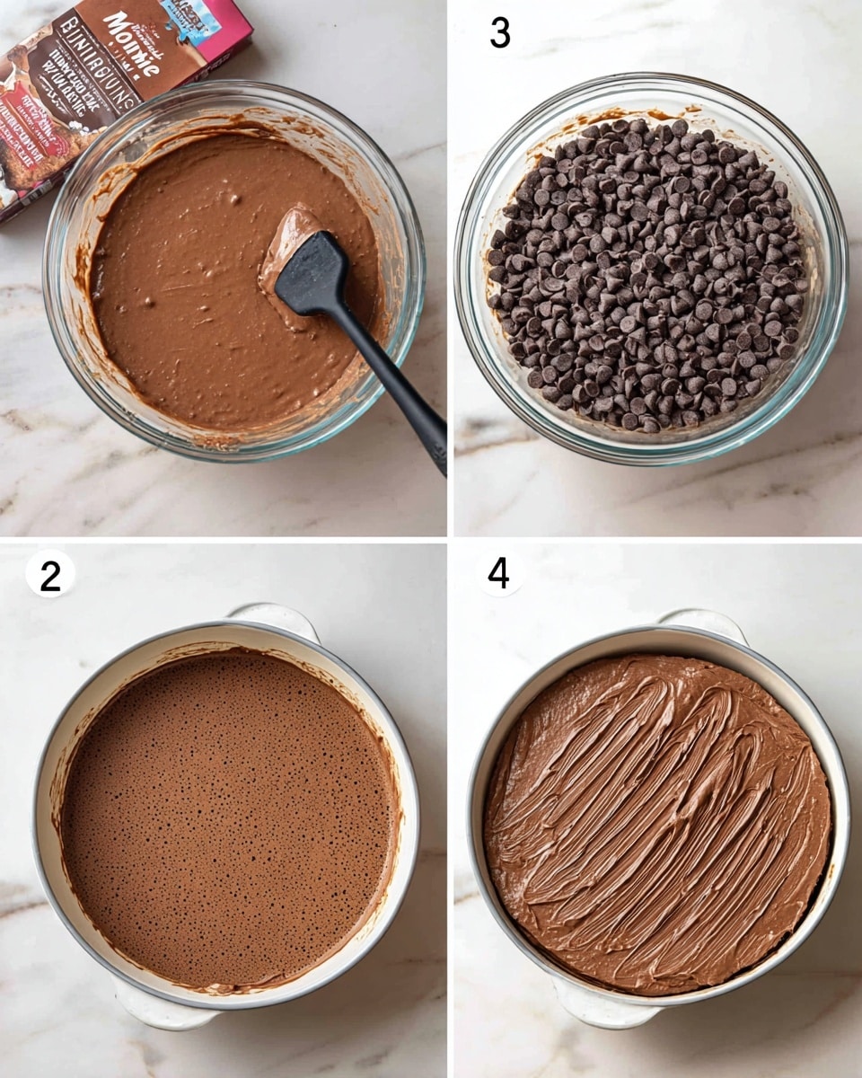The image shows four steps of making a chocolate dessert. In the first step, a clear glass bowl with light brown, smooth chocolate batter sits on a white marbled surface with a box of brownie mix behind it. The second step shows the same bowl with dark chocolate chips added on top of the batter and a black spatula resting in the bowl. The third step shows the chocolate batter poured evenly into a round white pan, smooth with small bubbles on the surface. The fourth step shows a single round chocolate layer spread with a thick, smooth layer of darker chocolate frosting on top, with visible strokes from the spreading utensil, placed on a white marbled surface. Photo taken with an iphone --ar 4:5 --v 7