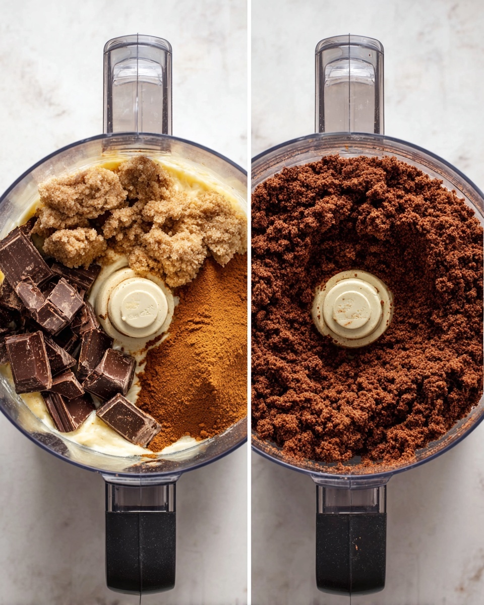 The image shows two clear food processor bowls on a white marbled surface side by side. In the first bowl on the left, there are many separate layers: chunks of dark brown chocolate pieces, light to medium brown clumps of brown sugar piled on one side, a heap of cinnamon powder with a warm orange-brown color, and some creamy off-white batter visible towards the bottom edges, all unmixed. In the second bowl on the right, the mixture is fully blended into a rough, crumbly, deep brown powder with a uniform texture, covering the entire inside. Photo taken with an iphone --ar 4:5 --v 7