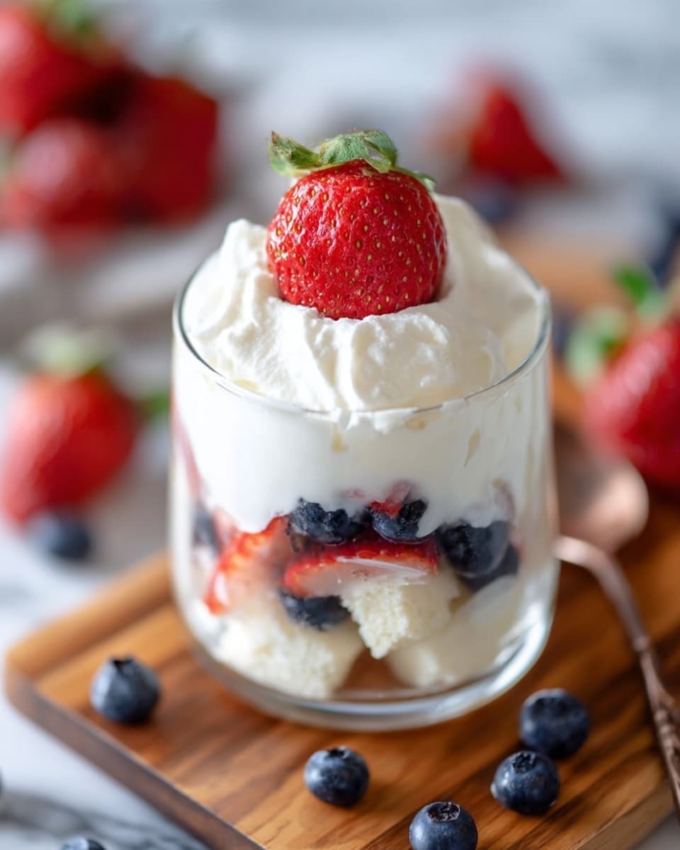 A clear glass filled with three visible layers: at the bottom, sliced red strawberries and whole dark blue blueberries, topped by a thick white creamy layer, then another layer of mixed sliced strawberries and blueberries, finished with a thick dollop of white cream on top, garnished with a single halved strawberry with green leaves, all placed on a white marbled surface with a blurred strawberry and other berries in the background, photo taken with an iphone --ar 4:5 --v 7