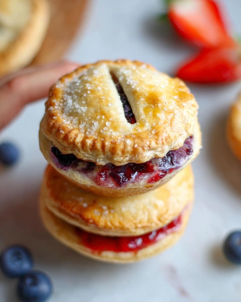 The image shows a close-up of a stack of three small round fruit pies on a white marbled surface. The top pie has a golden-brown crust with sugar crystals and three small slits on top, revealing purple blueberry filling peeking through. The second pie below shows a glimpse of red strawberry filling in the middle layer between two crusts. In the background, there is a sliced strawberry and scattered whole blueberries adding color contrast. A woman's hand is gently holding the top pie in the stack. The scene is softly lit, capturing the texture of the flaky crust and juicy fruit filling, photo taken with an iphone --ar 4:5 --v 7