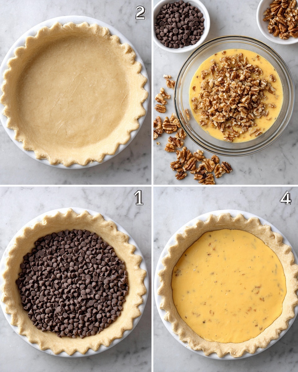 Bourbon Chocolate Walnut Pie Recipe 4 A four-step visual sequence of making a pie starts with a raw light tan pie crust with crimped edges in a white pie dish, placed on a white marbled surface. In the second step, a clear glass bowl holds a thick yellow mixture topped with chopped light brown walnuts, surrounded by a white bowl of dark brown chocolate chips and pieces of walnut on the white marbled surface. The third image shows the pie crust filled with many small, dark brown chocolate chips, forming a dense, even layer. The fourth image presents the pie before baking, filled with a smooth yellow custard mixture with visible bits of walnut, all within the same crimped white pie crust, all placed on the white marbled surface with the same surrounding items visible. photo taken with an iphone --ar 4:5 --v 7