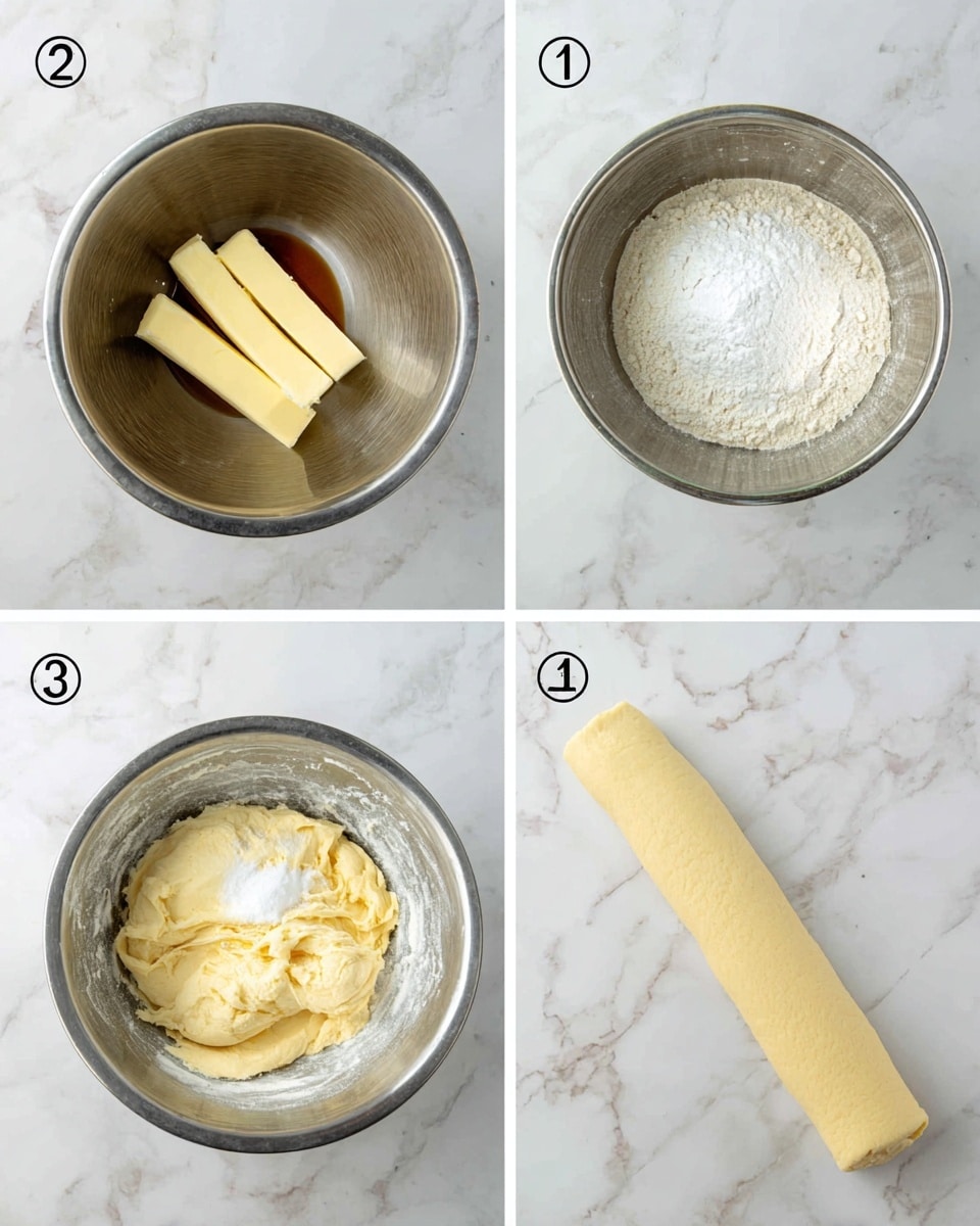 Four images show stages of making dough on a white marbled surface. Image 1 has a silver mixing bowl with two sticks of pale yellow butter and white sugar inside. Image 2 shows the bowl containing a creamy butter mix along with a raw egg and dark vanilla liquid. Image 3 displays the bowl with added white flour over the yellowish dough base. Image 4 presents a smooth, long cylinder of pale dough rolled out directly on the white marbled surface. photo taken with an iphone --ar 4:5 --v 7
