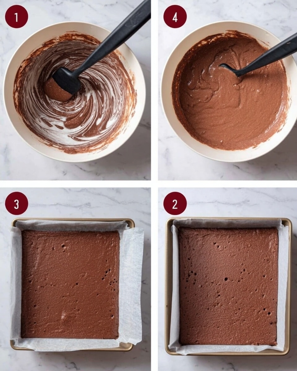 A sequence of four images shows the making of a chocolate batter. The first image features a white bowl with a dark brown chocolate mixture being stirred with a black spatula, showing swirls of chocolate and lighter cream mixed together. The second image shows the same bowl with a smoother, more uniform chocolate batter in a medium brown color with small lumps, still being mixed by the black spatula. The third image presents a rectangular tray lined with white parchment paper filled with the chocolate batter spread evenly, revealing a smooth surface with small bubbles. The last image displays the tray after the batter is baked, showing a flat, even, dark brown cake layer with a slightly rough texture on top. All images are set on a white marbled surface photo taken with an iphone --ar 4:5 --v 7