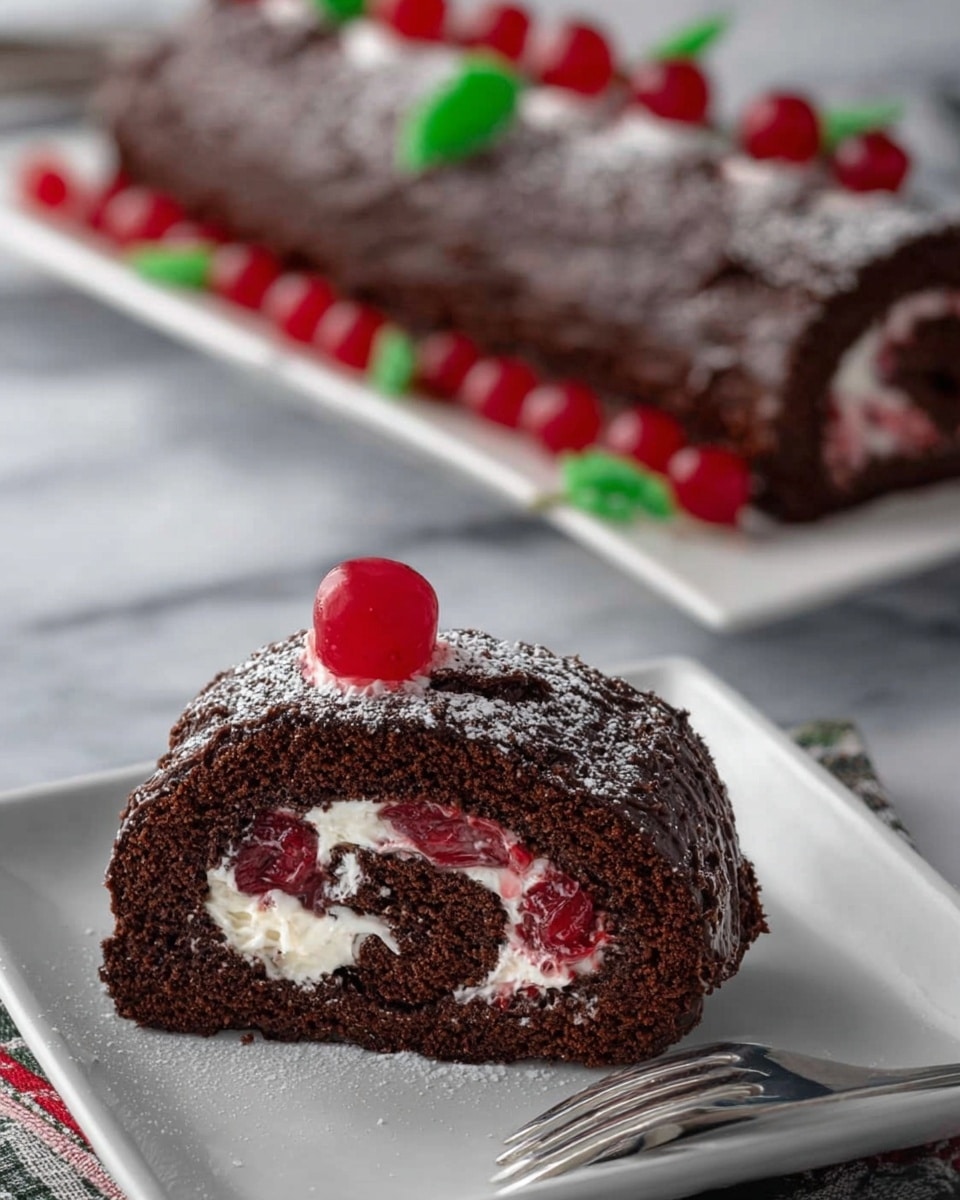 A slice of chocolate roll cake sits on a white square plate on a white marbled surface, showing three layers: a dark brown chocolate sponge cake rolled with a creamy white filling mixed with bright red cherry pieces inside. The top of the slice has a bright red cherry placed in the center, with powdered sugar dusted lightly over the cake and plate. Behind the slice, the rest of the chocolate roll cake is visible on a white rectangular plate, topped with red cherries and small green leaves. A silver fork is placed next to the slice, and the background is softly blurred. Photo taken with an iphone --ar 4:5 --v 7