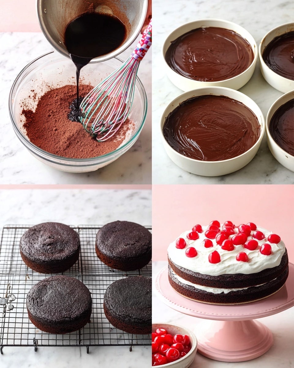 The image shows four steps of making a chocolate cherry cake. Step 1 has a mixing bowl with dry chocolate cake mix, where a dark liquid is pouring in, and a colorful whisk in the bowl, all on a white marbled surface, with a dirty bowl in the background. Step 2 displays three white round pans filled with smooth, glossy chocolate batter, placed on a white marbled surface. Step 3 shows three dark, baked chocolate cake layers cooling on a black cooling rack, with visible texture and a straight line score on the top of each cake layer, placed on a white marbled surface. Step 4 features one chocolate cake layer on a pink cake stand, topped with a thick layer of white cream and scattered bright red cherries, with a small container of cherries in the back, all set on a white marbled surface photo taken with an iphone --ar 4:5 --v 7