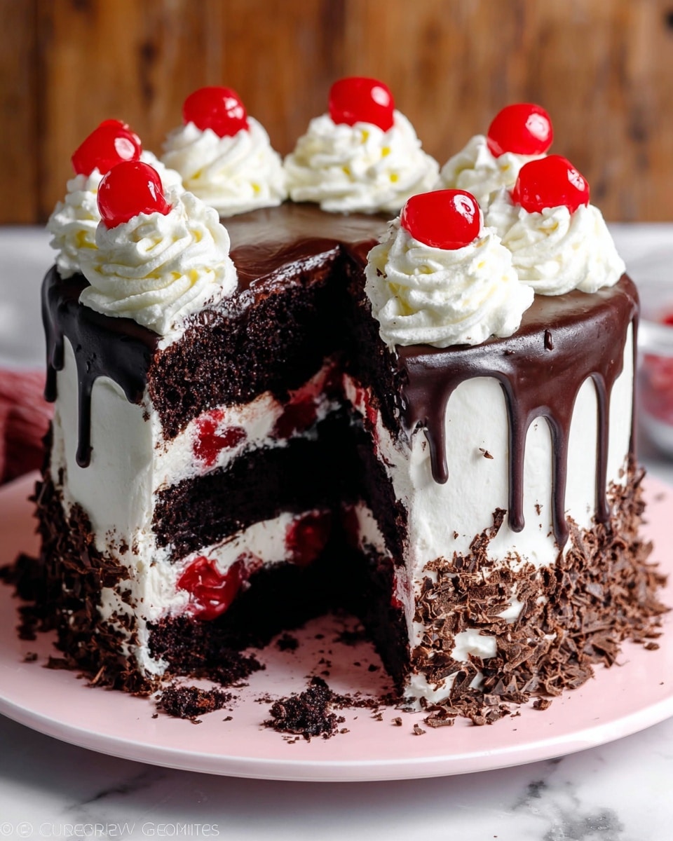 The image shows a three-layer dark chocolate cake with white cream between each layer that holds bright red cherry pieces inside. The outside of the cake is covered smoothly in white cream, with chocolate drips running from the top down the sides. Around the base of the cake, there are small chocolate shavings and chunks stuck to the cream. On top of the cake, there are white cream swirls evenly spaced, each topped with a shiny red cherry. The cake is placed on a light pink plate, set on a white marbled surface in front of a wooden background. Photo taken with an iphone --ar 4:5 --v 7