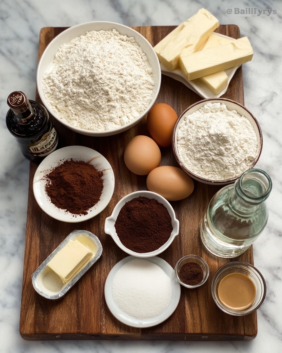 The image shows a wooden cutting board on a white marbled surface, holding bowls and ingredients arranged neatly. There is a large white bowl filled with white flour and a white bowl with light brown cocoa powder beside it. Two brown eggs sit in a white egg holder near two pale yellow butter sticks. A small white bowl contains dark brown coffee or espresso powder, and another small white plate holds white baking soda and powder mix. There is a glass bottle filled with a clear liquid and a small glass cup with a light brown liquid in front. Also included is a small dark bottle of Baileys on the side. Everything is arranged clearly for baking or dessert preparation. photo taken with an iphone --ar 4:5 --v 7