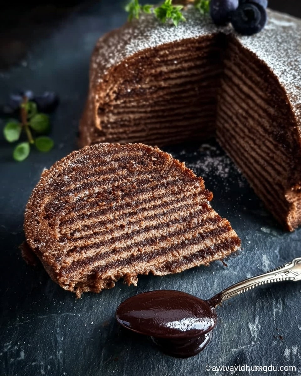 The image shows two round slices of a layered cake with many thin, tight layers in shades of light to dark brown, placed on a dark surface changed to white marbled texture. One slice has a bite taken out of it, showing the soft texture inside. A silver spoon with shiny chocolate sauce on it rests next to the slices. There are small green leaves and a few blueberries near the cake, adding color contrast. The layers look moist and well-defined, with a powdery dusting on top of the slices, photo taken with an iphone --ar 4:5 --v 7