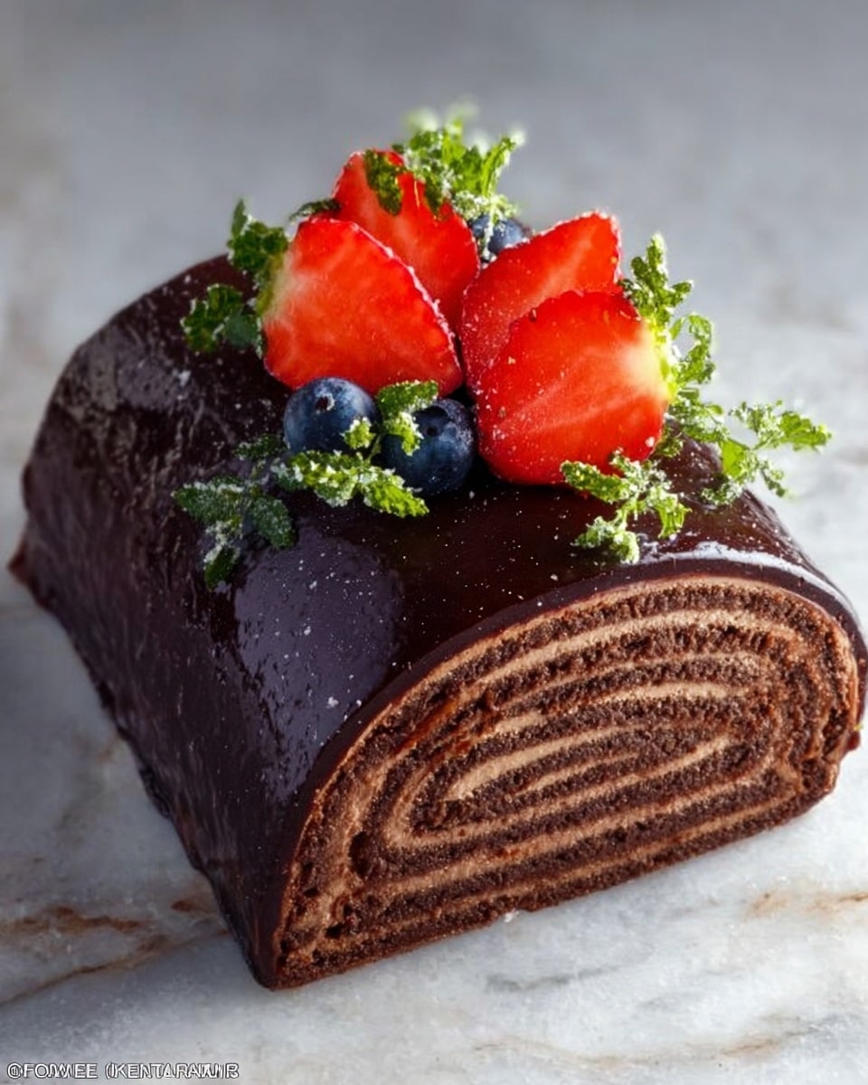 The image shows a rolled chocolate cake with a shiny dark chocolate glaze on top. The cake has multiple thin layers visible from the side, with a rich, dark brown color. On top of the cake, there are three fresh strawberry halves arranged in a triangular shape, along with a few blueberries and small green leaves for decoration. The cake is placed on a white marbled surface. photo taken with an iphone --ar 4:5 --v 7