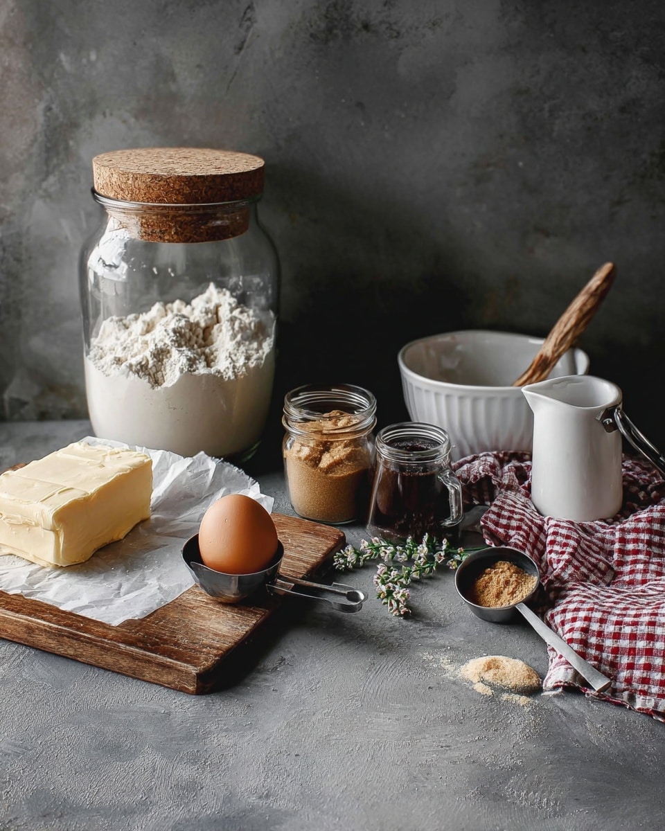The image shows baking ingredients arranged on a grey textured surface with a dark background. Starting on the left, there is a large clear jar with a cork lid filled with white flour. In front of it, a wooden board holds a pale yellow block of butter on white paper, and a brown egg rests nearby. Next to the egg, a metal measuring cup is full of light brown sugar. Behind the sugar, there is a small glass jar with a dark brown powder and a black spoon inside. On the right side, a white mixing bowl sits behind a folded red and white checkered cloth that has a small white jug with a dark liquid inside. On the cloth, a small wooden spoon contains some light brown powder and rests beside a small green sprig. photo taken with an iphone --ar 4:5 --v 7