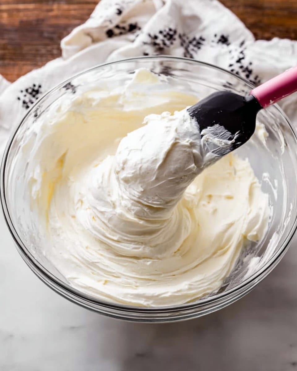 A clear glass bowl filled with one thick, creamy layer of smooth white frosting is sitting on a white marbled surface. A black spatula with a pink edge lifts some of the creamy layer, showing its soft texture. Some frosting streaks cling inside the sides of the bowl. The background includes parts of a white cloth with dark patterns at the top left corner. photo taken with an iphone --ar 4:5 --v 7