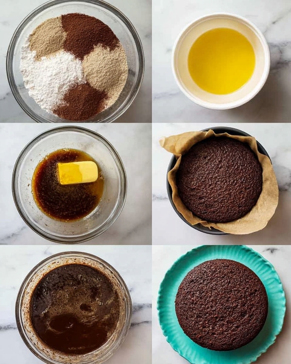The image shows six steps of making a chocolate cake. The first layer is a clear glass bowl with dry ingredients like flour and cocoa powder, with different shades of brown and white powders mixed unevenly. The second is a white container holding a smooth layer of yellow melted butter. The third shows melted butter being poured into the dry mix, the butter gently covering the powder with a shiny texture. The fourth step is a glass bowl with a mixed dark brown chocolate batter, smooth and with small bubbles on the surface. The fifth image shows two round cake pans lined with crumpled brown baking paper filled with dark chocolate batter, ready for baking. The last image is a round dark brown baked cake with a rough and cracked surface placed on a turquoise plate, all set on a white marbled surface. Photo taken with an iphone --ar 4:5 --v 7