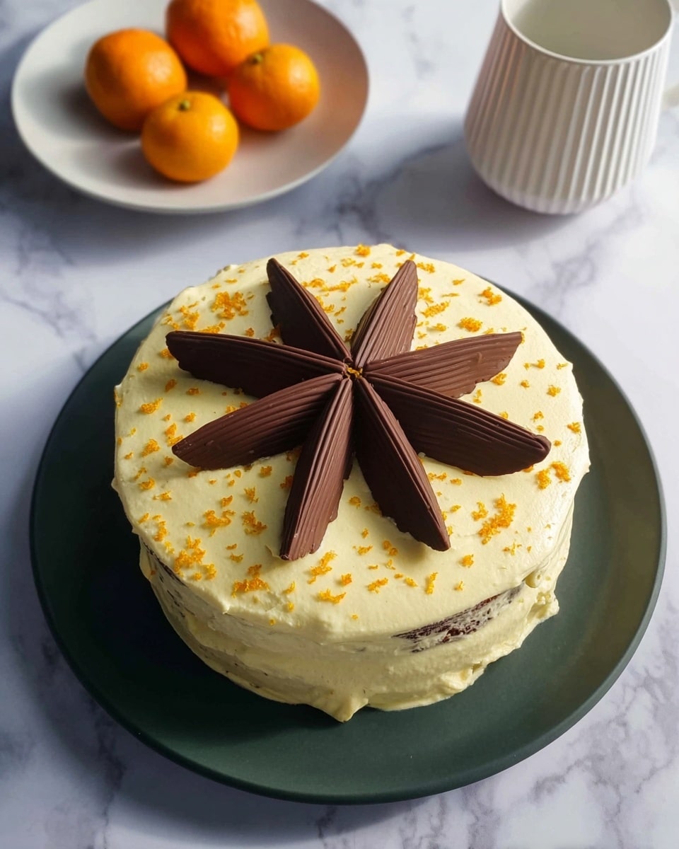 A round layered cake with a smooth pale yellow cream covering the top, sprinkled lightly with small orange zest pieces. On top, there are eight dark brown, elongated chocolate pieces arranged in a star shape, standing upright and evenly spaced in the center. The cake is placed on a dark green plate, set on a white marbled surface. In the background, there is a white plate holding two small orange fruits beside a white ribbed cup. Photo taken with an iphone --ar 4:5 --v 7