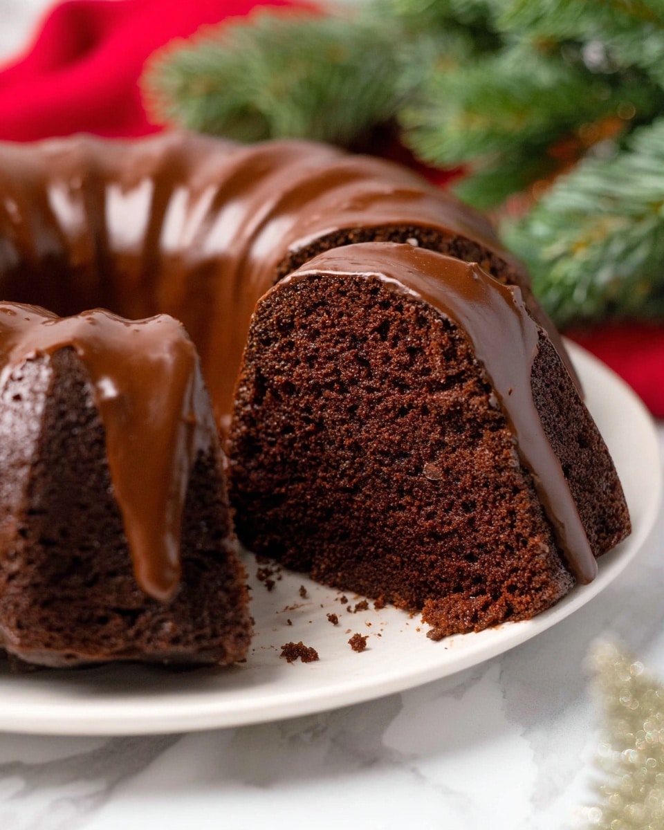 A close-up of a chocolate bundt cake with a thick, smooth layer of shiny chocolate glaze on top, covering the curved ridges of the cake. One slice is cut, showing a moist, dark brown, soft crumb with a dense texture inside. The cake sits on a white plate with a few small crumbs scattered around it. In the background, there are some green pine needles and a red cloth on a white marbled surface. photo taken with an iphone --ar 4:5 --v 7