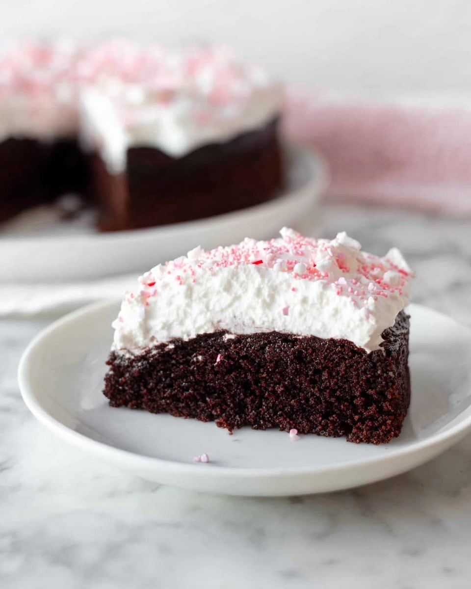 A single slice of dark brown chocolate cake sits on a white plate, topped with one thick, fluffy layer of white whipped cream that has light pink sprinkles scattered on top. Behind the slice, the rest of the round chocolate cake with the same white whipped cream and pink sprinkles is partially visible on a white plate. The scene is set on a white marbled surface with soft natural light. Photo taken with an iphone --ar 4:5 --v 7