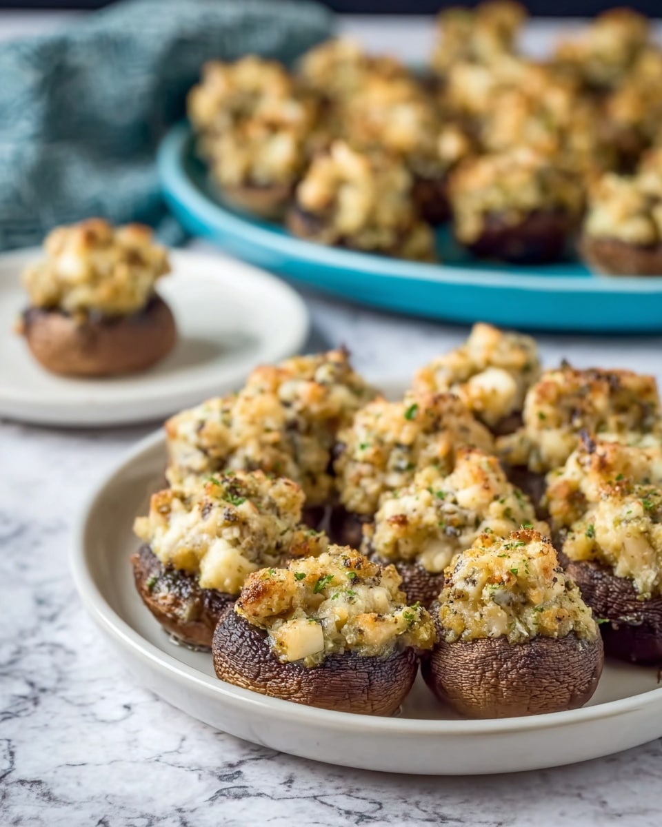 The image shows a white round plate filled with about a dozen stuffed mushrooms. Each mushroom cap is dark brown and topped with a thick layer of a light beige stuffing that looks crumbly and mixed with small bits of herbs and possibly cheese. The stuffing covers the entire top of each mushroom, creating a bumpy texture. In the background, there is a smaller white plate holding one stuffed mushroom, and further back, a blue plate with more stuffed mushrooms blurred out. All plates are set on a white marbled surface. The focus is sharp on the front plate with a soft depth of field behind it. photo taken with an iphone --ar 4:5 --v 7