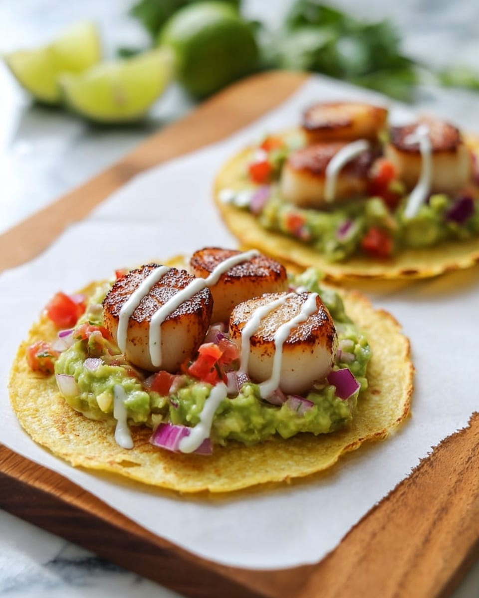 This image shows two small white plates with a round yellow corn tortilla on each. On each tortilla, there is a layer of chunky green guacamole with visible pieces of red tomato and purple onion mixed in. On top of the guacamole, there are three browned scallops arranged closely together, each scallop having a golden crust. A white sauce is drizzled over the scallops, adding a creamy look. The dishes are placed on a white marbled surface with some blurred green herbs and sliced limes in the background. A wooden board is under one plate. Photo taken with an iphone --ar 4:5 --v 7