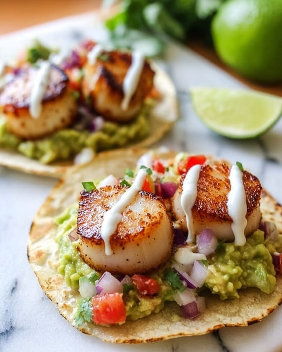 The image shows two small white corn tortillas placed on a white marbled surface. Each tortilla holds two seared scallops with a golden-brown top layer, arranged near the center. Below the scallops is a layer of chunky green guacamole mixed with small diced red tomatoes and bits of purple onion. A white creamy sauce is drizzled over the scallops, adding contrast to the colors. In the background, a blurred green lime and a piece of cilantro are visible, adding a fresh touch to the setting. Photo taken with an iphone --ar 4:5 --v 7