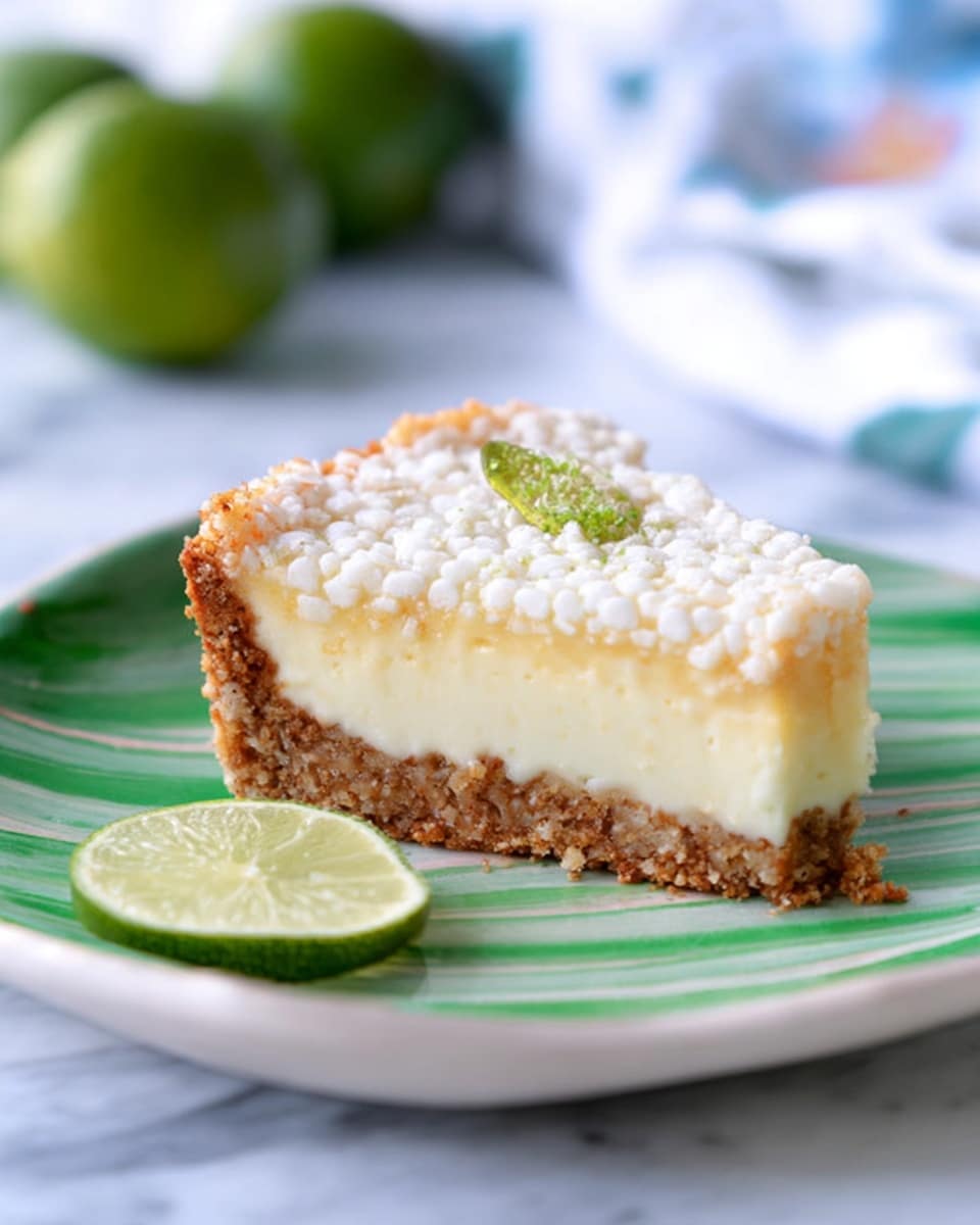 A slice of pie with three visible layers sits on a white plate with green swirls; the bottom layer is a crumbly, brown crust, the middle layer is a thick, pale yellow filling, and the top layer is white and textured with small round pieces, crowned with a small green garnish. To the left of the pie slice is a wedge of lime showing its light green flesh. The background is a white marbled surface with blurred green round fruits and a white cloth that has a blue pattern. Photo taken with an iphone --ar 4:5 --v 7