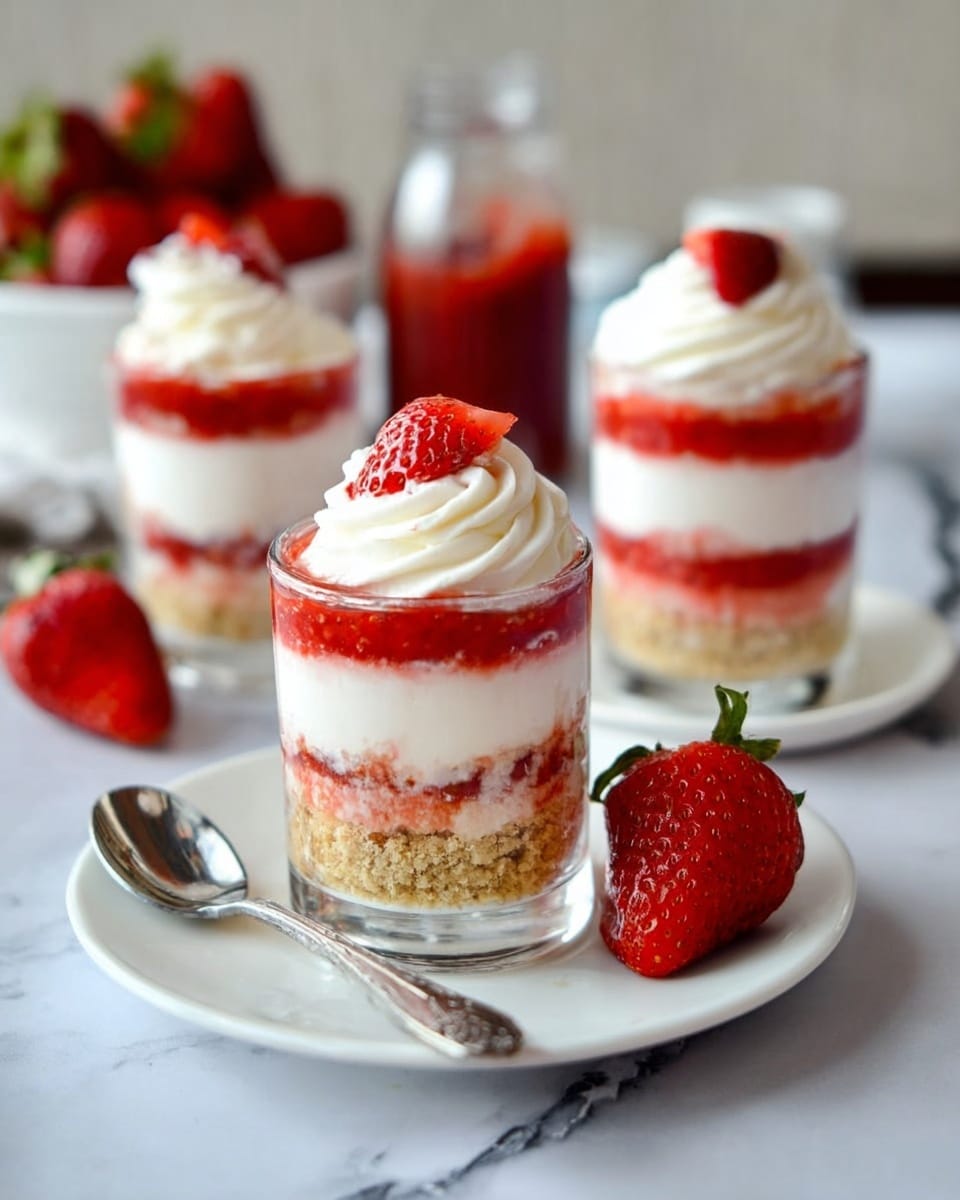 The image shows two clear glasses each with five layers stacked from bottom to top: a layer of crumbled light brown crumbs, a soft white cream layer, a bright red strawberry sauce layer with bits of fruit, another layer of cream, and a final topping of whipped cream with fresh strawberry slices on top. In the background, there is a white bowl filled with fresh strawberries and two metal spoons on the right side resting on a white marbled surface. The photo is taken up close with the glass in the front in sharp focus and the other elements softly blurred. Photo taken with an iphone --ar 4:5 --v 7