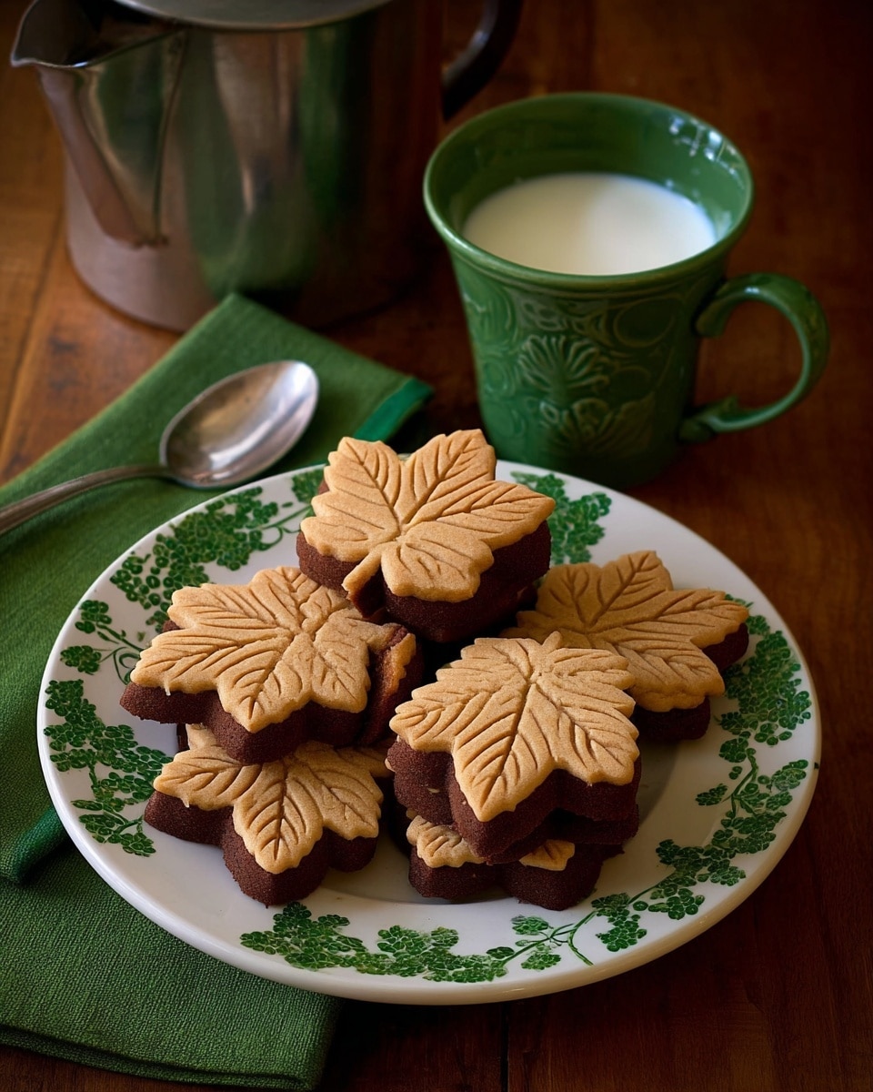 The image shows five leaf-shaped cookies stacked in pairs on a white plate with green grape and leaf patterns along the edges. Each cookie has a light brown top layer with detailed leaf veins and a darker brown bottom layer. The plate is on a wooden table next to a metal pot filled with white milk and a green mug with coffee inside, both matching the leaf and grape patterns on the plate. A folded green napkin with a silver spoon lies beside the mug. The photo is taken with an iphone --ar 4:5 --v 7