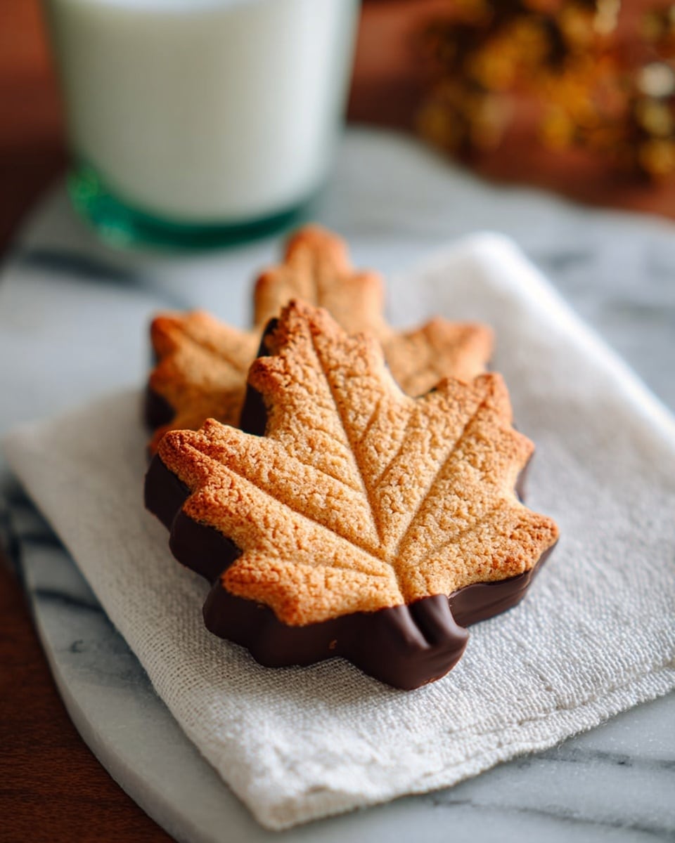 In the image, there are two leaf-shaped cookies placed on a white cloth on a white marbled surface. Each cookie has one layer with a light brown color and a textured surface showing detailed leaf veins. The bottom edge of the cookies is dipped in dark chocolate, creating a smooth dark layer along the base of each leaf. In the background, a glass of milk blurred softly adds contrast to the warm colors of the cookies. The photo is taken with an iphone --ar 4:5 --v 7