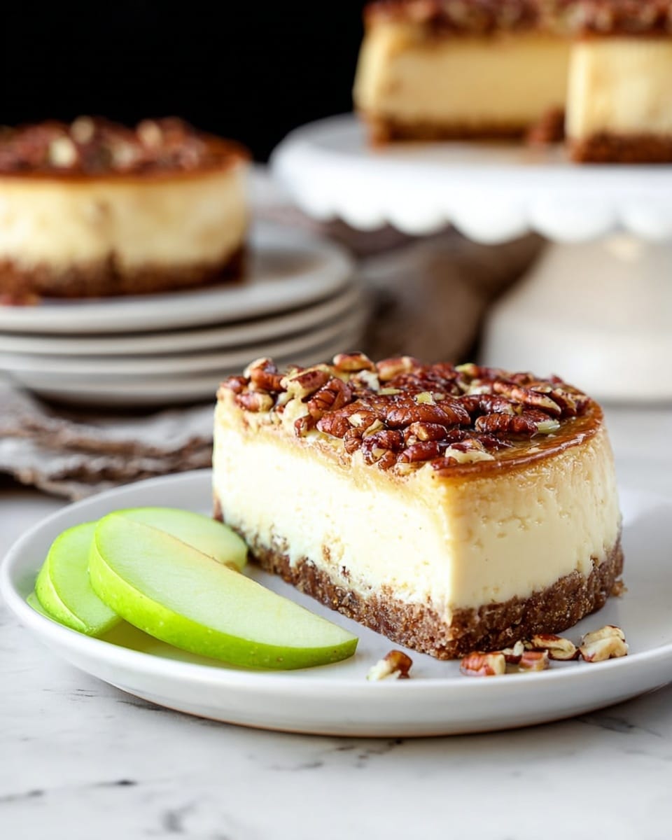 A round cheesecake sits on a white plate placed on a white marbled surface. It has three layers: a thick, crumbly brown base, a smooth and creamy pale yellow middle layer, and a top layer covered with chopped pecans that add texture and brown color. Two green apple slices rest beside the cheesecake on the plate. In the background, there are blurred pieces of the same cheesecake on white plates and a white cake stand. photo taken with an iphone --ar 4:5 --v 7