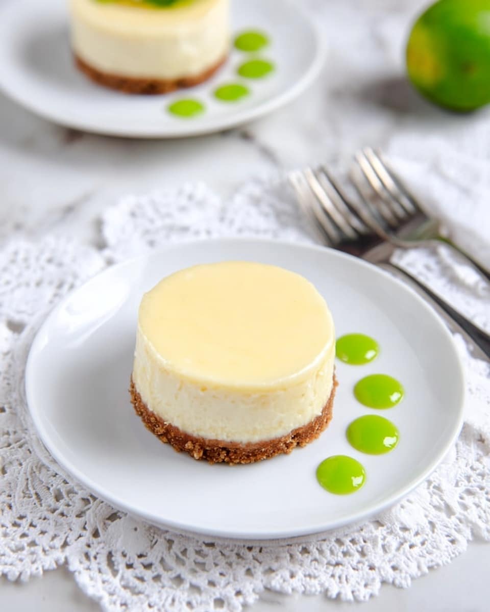 A small round cheesecake with two visible layers sits in the center of a white plate on a white marbled surface; the bottom layer is a thick, crumbly brown crust, and the top layer is smooth, creamy, and pale yellow, topped with a slightly glossy finish. To the right of the cheesecake are five small dollops of bright green sauce placed in a curving line. The plate rests on a delicate white lace doily, with two metal forks and a whole lime blurred in the background. Another plate with a similar cheesecake is slightly visible in the upper left corner. Photo taken with an iphone --ar 4:5 --v 7