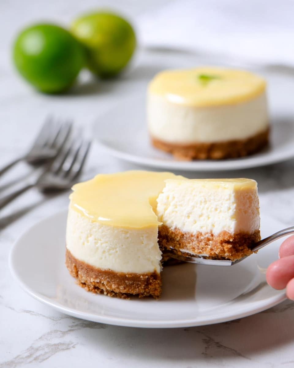 A close-up of a small cheesecake on a white plate, showing three distinct layers: a light brown crumbly base at the bottom, a thick middle layer of creamy white cheesecake with a smooth, soft texture, and a thin pale yellow glaze on top. A slice is being lifted by a woman's hand, revealing the smooth inside texture. In the background, there is another similar cheesecake on a white plate and a whole green lime, with two forks lying nearby on a white marbled surface. photo taken with an iphone --ar 4:5 --v 7
