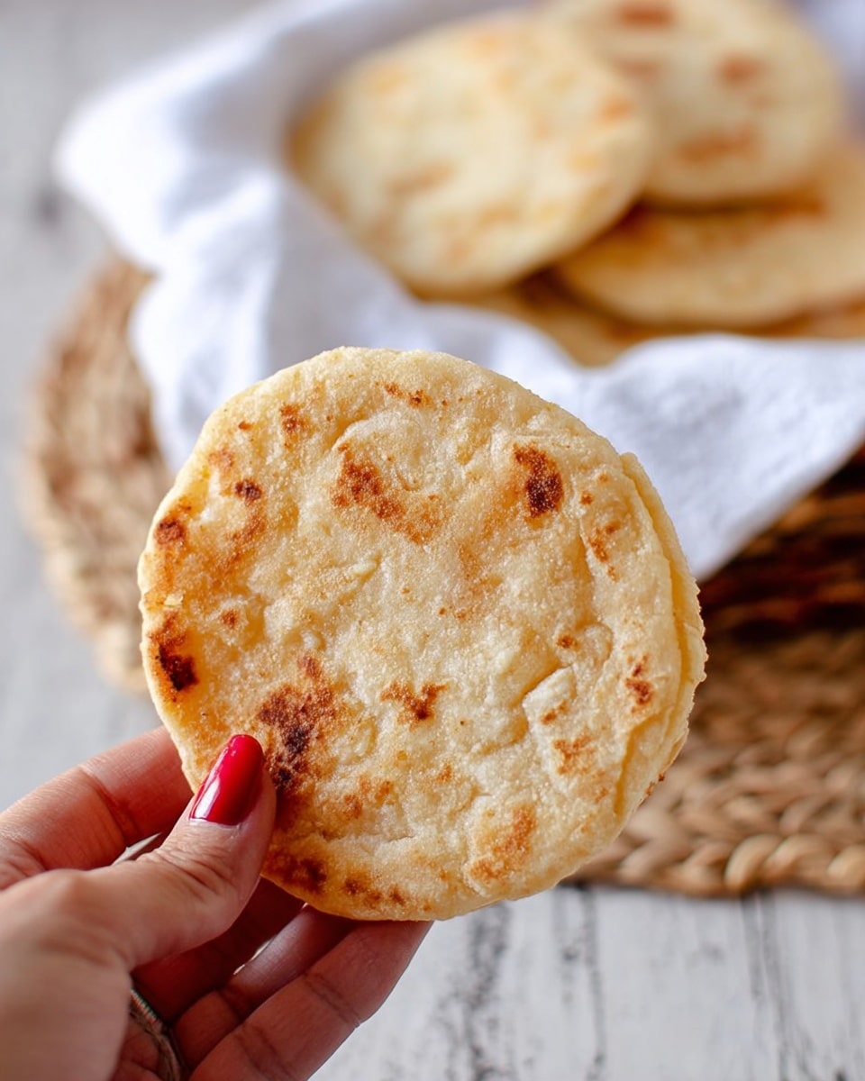 A close-up image of a single round, golden-brown flatbread being held by a woman's hand with red nail polish, showing its slightly rough texture and small browned spots on the surface. In the background, there are more flatbreads placed on a white cloth atop a light-colored woven mat, all set on a white marbled surface that mimics wood with faint dark streaks. The flatbread looks soft but slightly crispy at the edges, with light cracks and uneven surface details. photo taken with an iphone --ar 4:5 --v 7