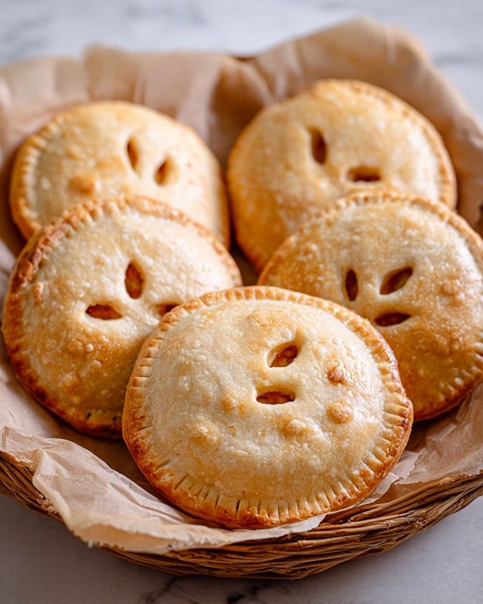 The image shows six round golden-brown pies with a slightly crumbly crust, each with three small oval slits on the top surface arranged in a triangular shape. They rest on crinkled light brown parchment paper lining a woven basket. The basket is placed on a white marbled surface. The crust looks flaky with a soft matte texture highlighted by a few darker golden spots. The pies fill the basket closely, some overlapping and angled slightly to reveal their round shape clearly. Photo taken with an iphone --ar 4:5 --v 7