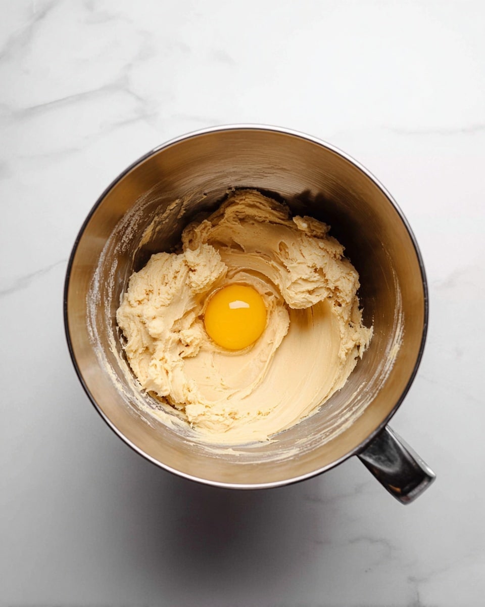 Inside a shiny metal mixing bowl, there are two layers: a thick, creamy light brown dough spread around the sides and bottom, with a smooth, round raw egg yolk sitting in the center on top. The dough texture looks soft and fluffy, while the egg yolk is bright yellow and glossy. The bowl has a handle on the right side, and the bowl sits on a white marbled surface. photo taken with an iphone --ar 4:5 --v 7