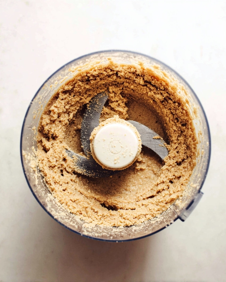 A clear round food processor bowl is filled with a light brown, thick, grainy paste. The paste clings to the inside walls in a thick ring, showing a rough texture with small bits visible throughout. At the center, a white and metallic blade stands with bits of the paste stuck to it. The background is a white marbled surface. photo taken with an iphone --ar 4:5 --v 7