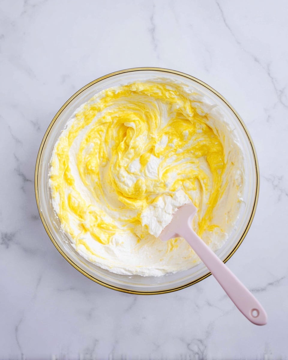 A clear glass bowl sits on a white marbled surface, filled with a mixture of two layers swirled together: a bright yellow creamy layer and a fluffy white layer. The texture looks soft and partly mixed, with the yellow layer spreading unevenly into the white. A pale pink spatula is placed inside the bowl, slightly lifting the mixture on one side. The mix appears thick but smooth, and the overall look suggests a light and airy batter or whipped mix photo taken with an iphone --ar 4:5 --v 7