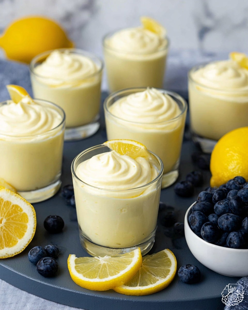 The image shows six clear glass cups filled with smooth, creamy pale yellow lemon mousse with a whipped swirl texture on top, arranged on a dark gray round surface. One cup has a small lemon wedge placed on top. Around the glasses are bright yellow lemon wedges and a small pile of fresh dark blue blueberries. To the right side, there is a white bowl filled with more blueberries. The background has a white marbled texture. photo taken with an iphone --ar 4:5 --v 7